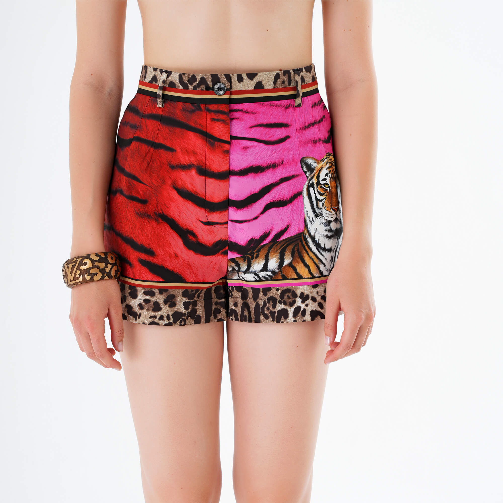 Dolce Gabbana - Red & Pink Tiger Print Cotton Shorts IT44